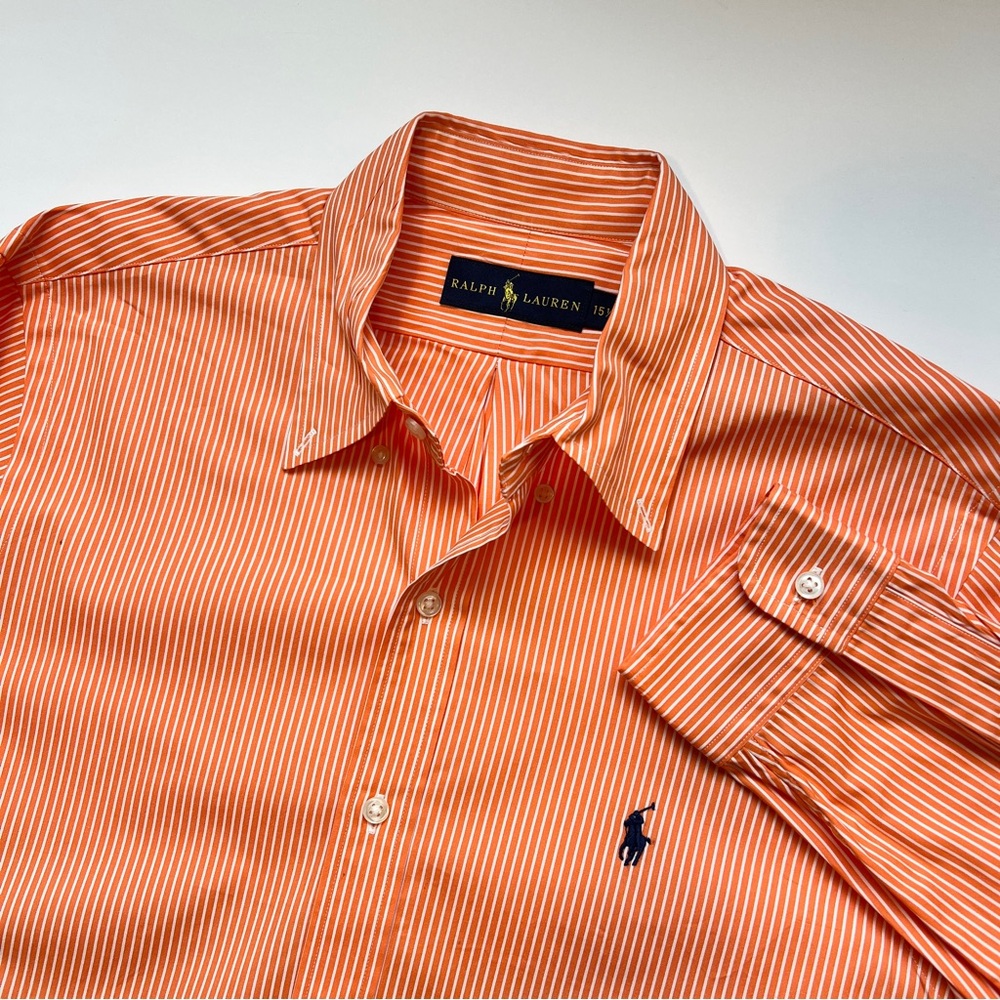 Ralph Lauren Men's Dress Shirt 15.5 Long Sleeve Orange Stripe Pony Logo